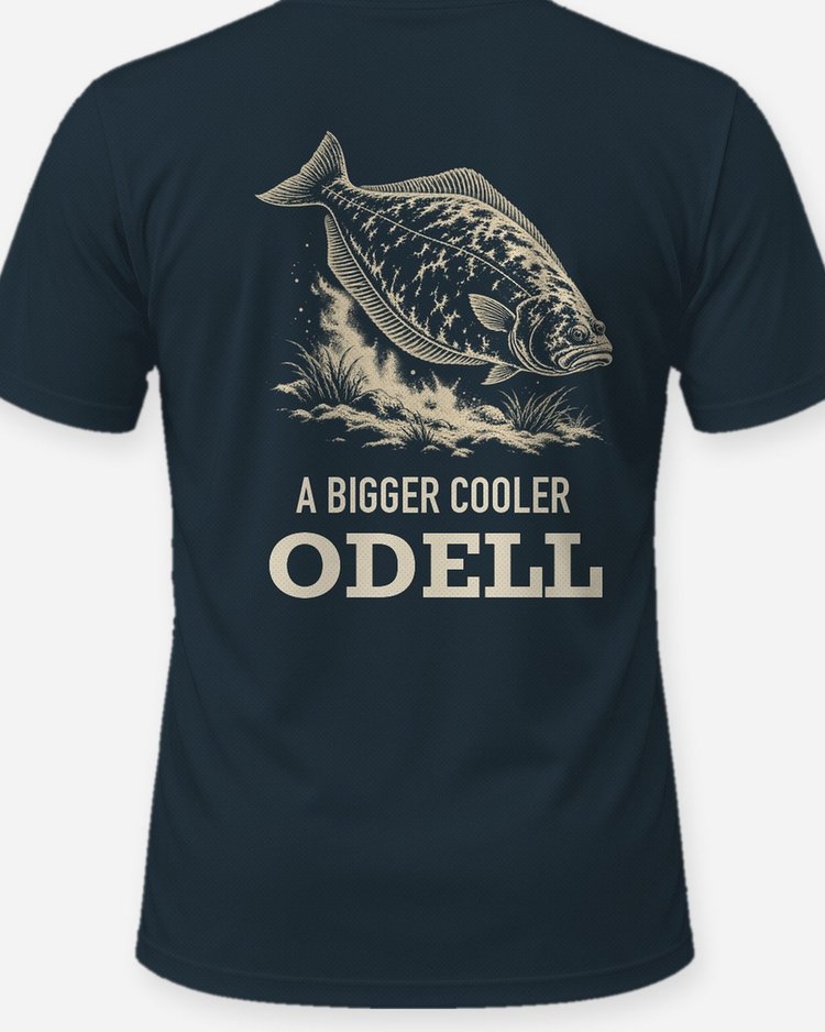 Custom Name A Bigger Cooler Pacific Halibut Woodcut Shirt - print close-up