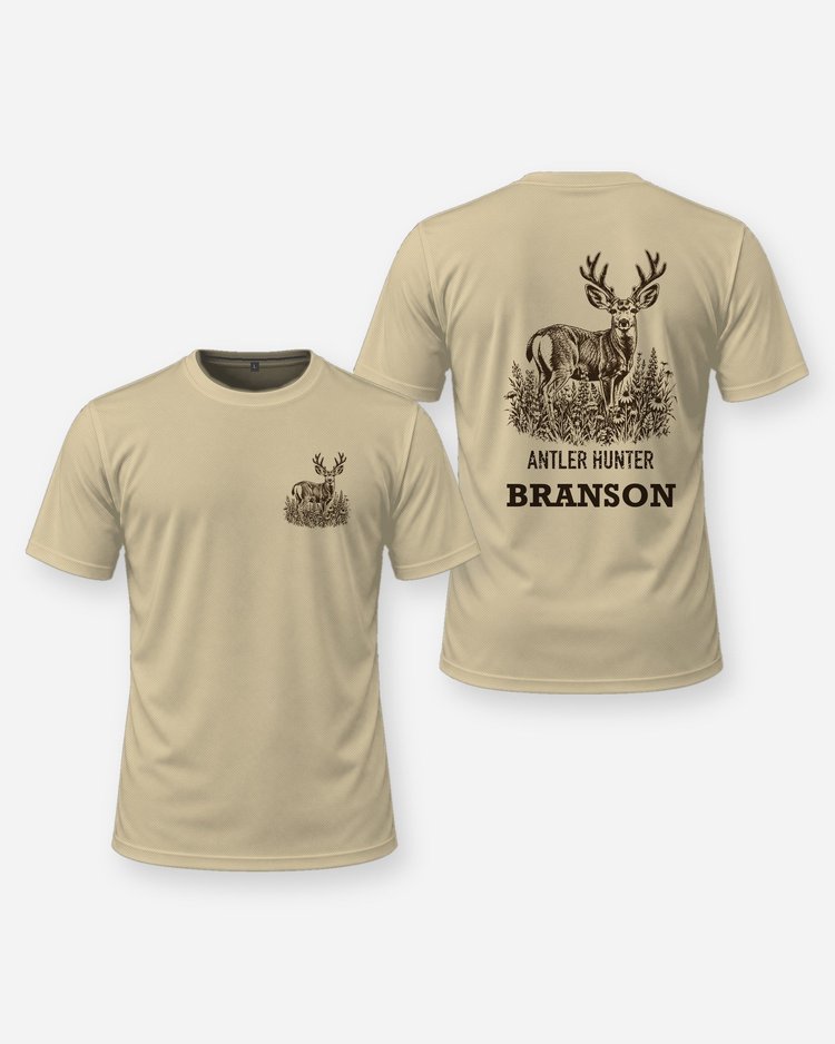 Custom Name Antler Hunter Mule Deer Velvet Woodcut Shirt - front and back
