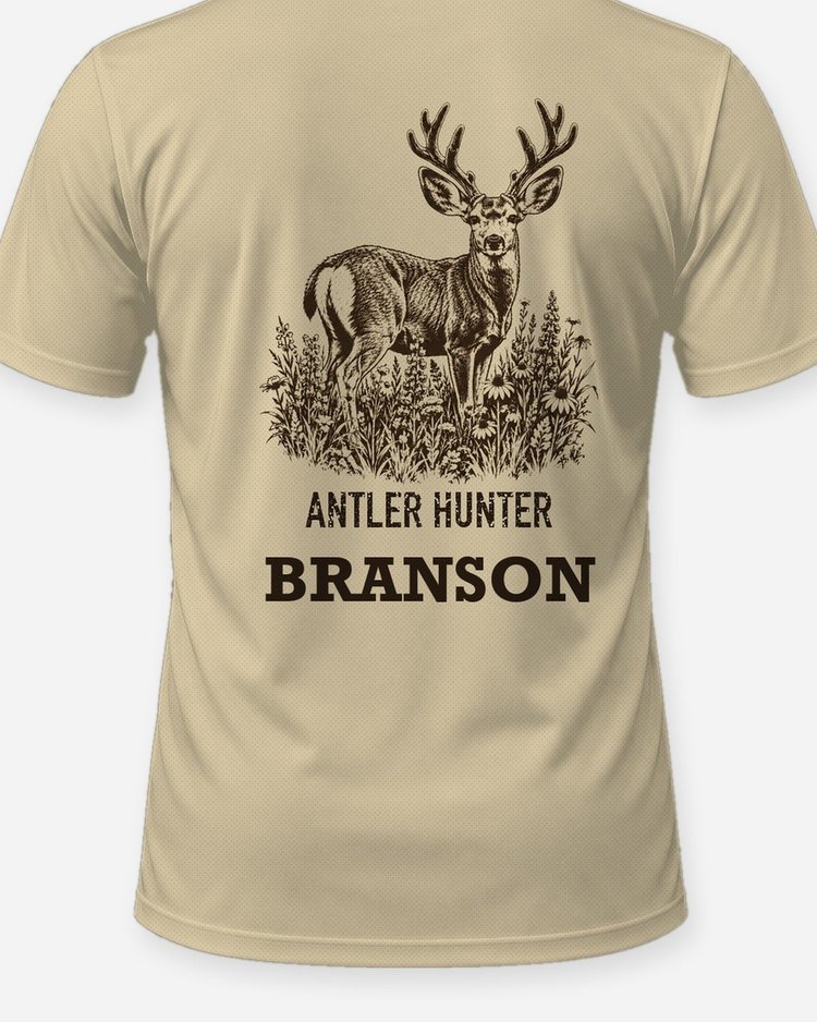 Custom Name Antler Hunter Mule Deer Velvet Woodcut Shirt - print close-up