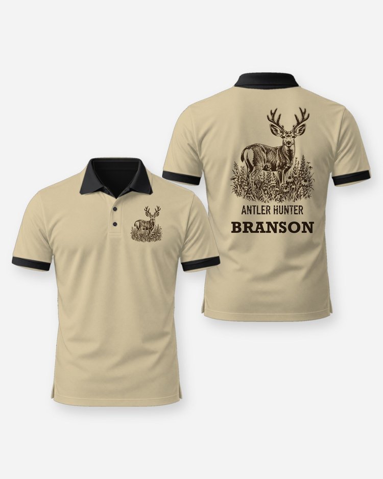 Custom Name Antler Hunter Mule Deer Velvet Woodcut Shirt - Polo