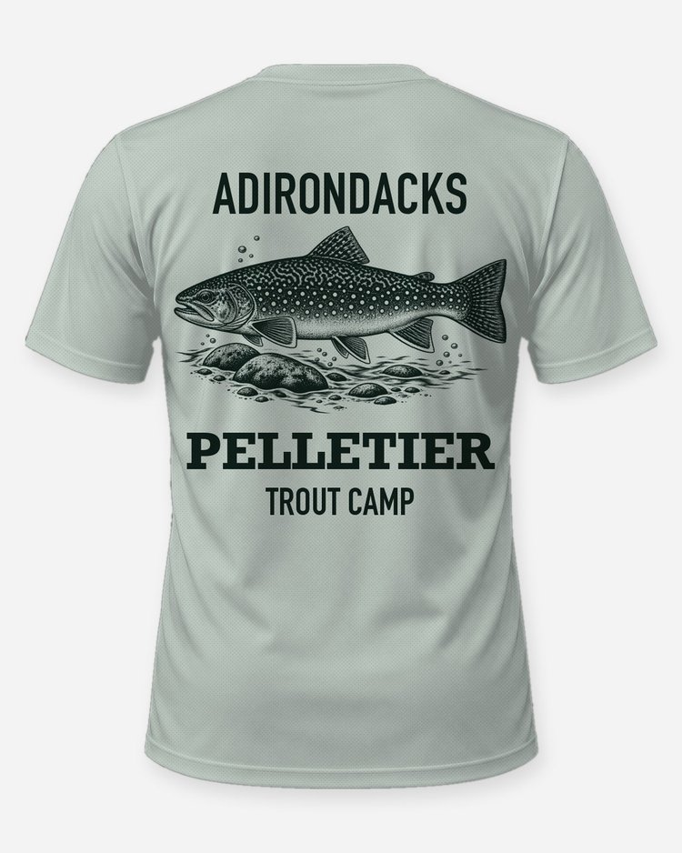 Adirondacks Custom Name Trout Camp Brook Trout Woodcut Shirt - back