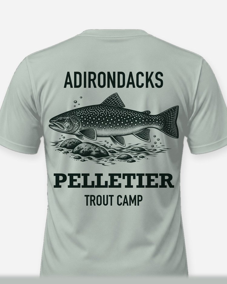 Adirondacks Custom Name Trout Camp Brook Trout Woodcut Shirt - print close-up