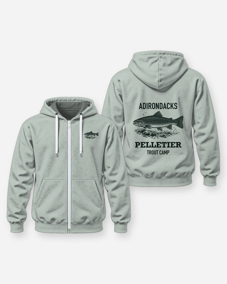 Adirondacks Custom Name Trout Camp Brook Trout Woodcut Shirt - Zip Hoodie