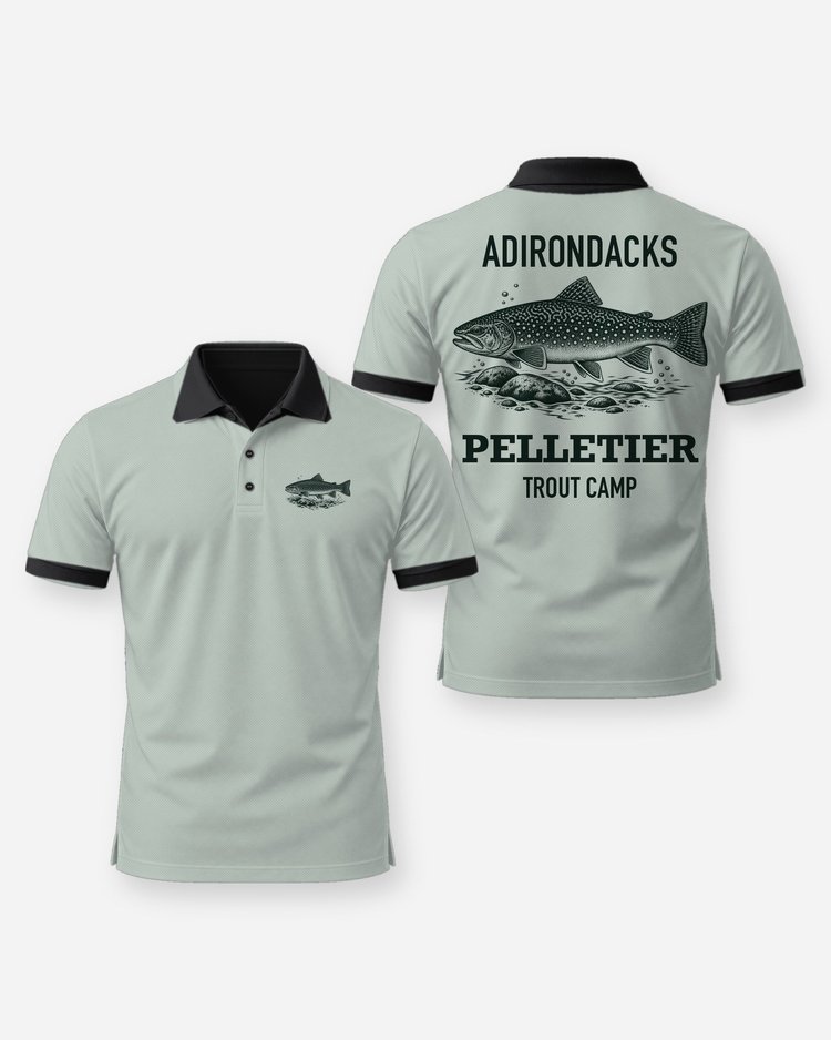 Adirondacks Custom Name Trout Camp Brook Trout Woodcut Shirt - Polo
