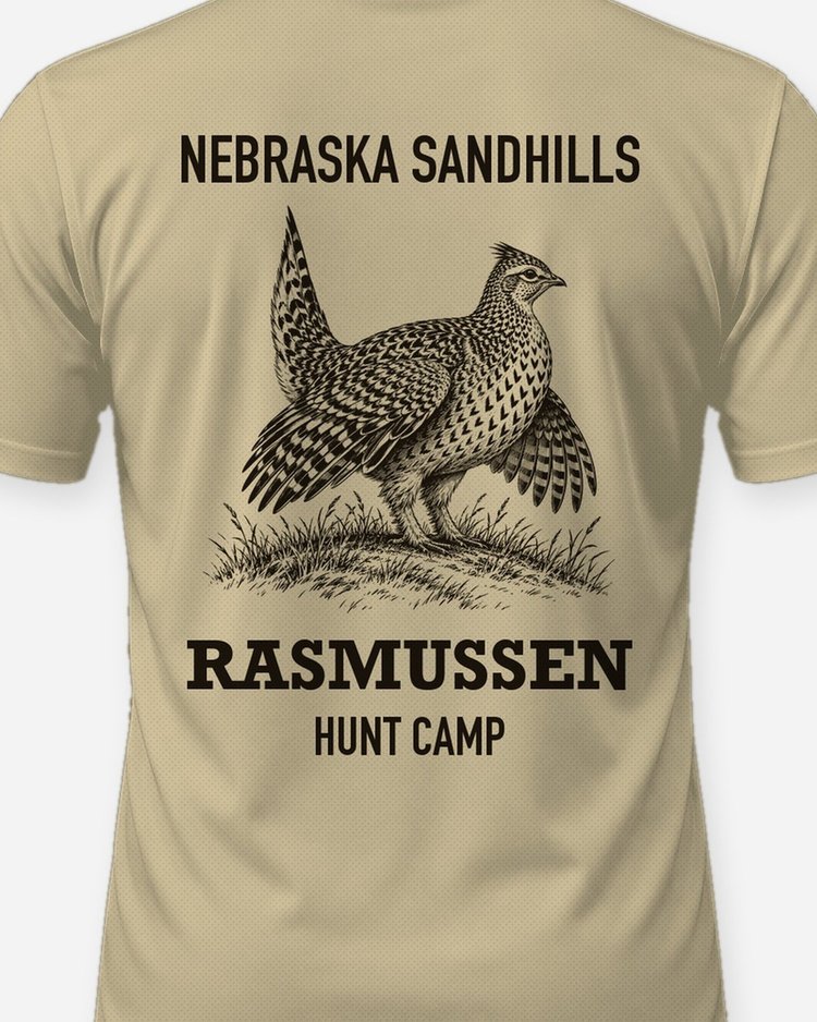 Nebraska Sandhills Custom Name Hunt Camp Sharptail Grouse Shirt - print close-up