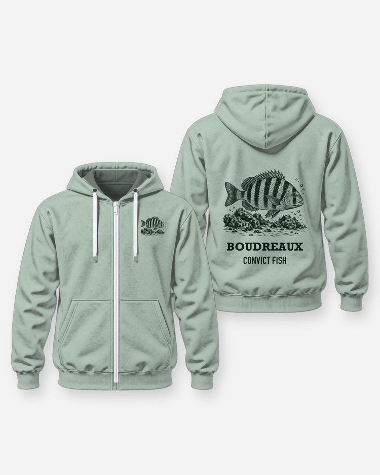 Custom Name Convict Fish Sheepshead Oyster Rock Woodcut Shirt - Zip Hoodie