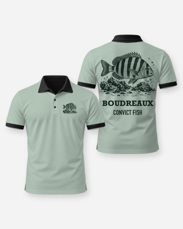 Custom Name Convict Fish Sheepshead Oyster Rock Woodcut Shirt - Polo