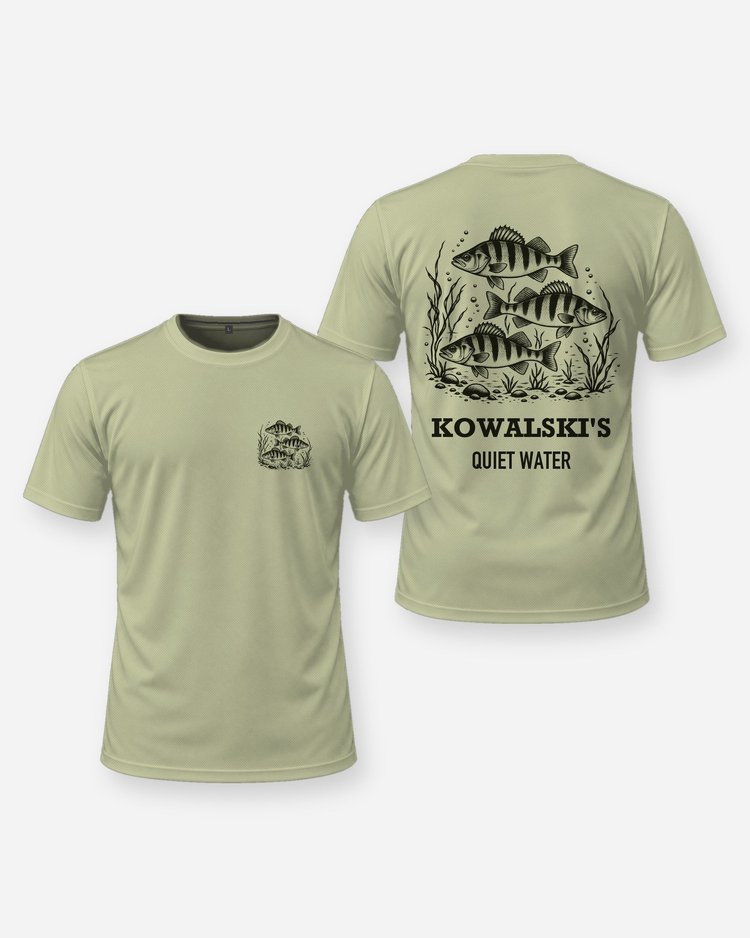 Custom Name Quiet Water Yellow Perch School Woodcut Shirt - front and back