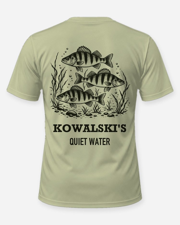 Custom Name Quiet Water Yellow Perch School Woodcut Shirt - back