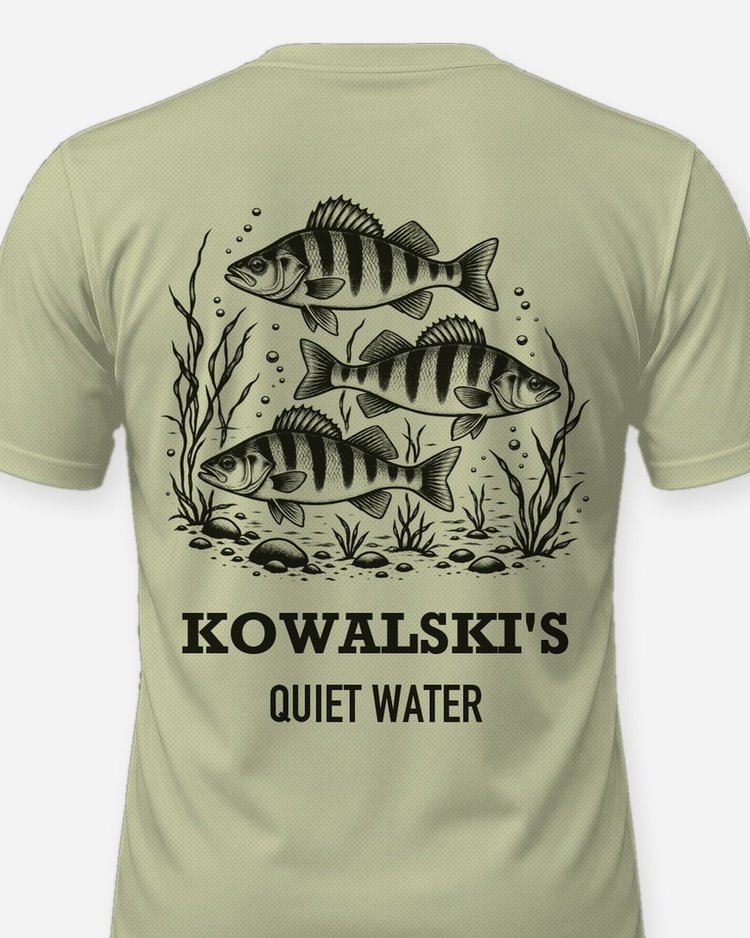 Custom Name Quiet Water Yellow Perch School Woodcut Shirt - print close-up