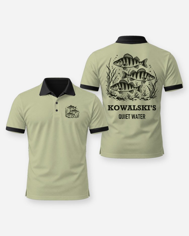Custom Name Quiet Water Yellow Perch School Woodcut Shirt - Polo