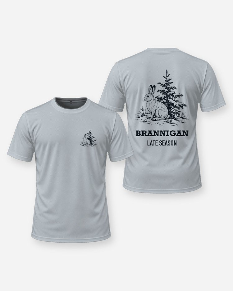 Custom Name Late Season Snowshoe Hare Woodcut Hunting Shirt - front and back