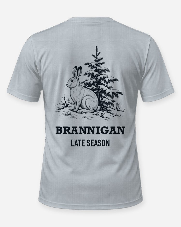 Custom Name Late Season Snowshoe Hare Woodcut Hunting Shirt - back