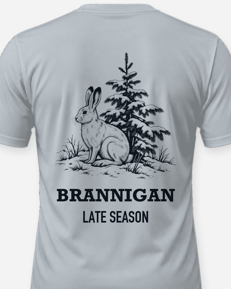 Custom Name Late Season Snowshoe Hare Woodcut Hunting Shirt - print close-up