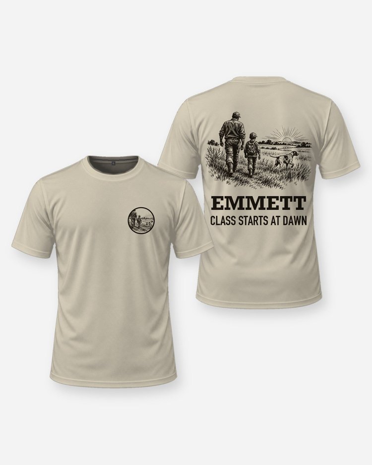 Custom Kid Name Class Starts At Dawn Bird Hunt Woodcut Shirt - front and back