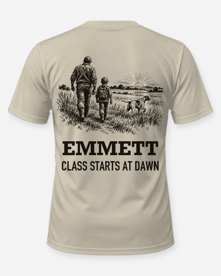 Custom Kid Name Class Starts At Dawn Bird Hunt Woodcut Shirt - back