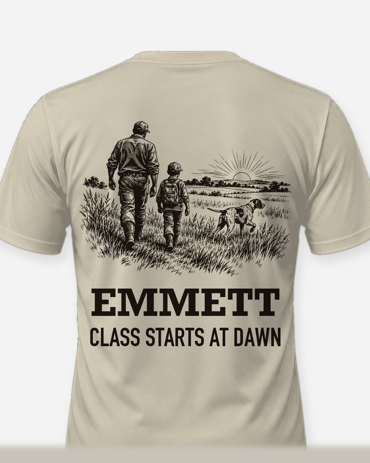 Custom Kid Name Class Starts At Dawn Bird Hunt Woodcut Shirt - print close-up