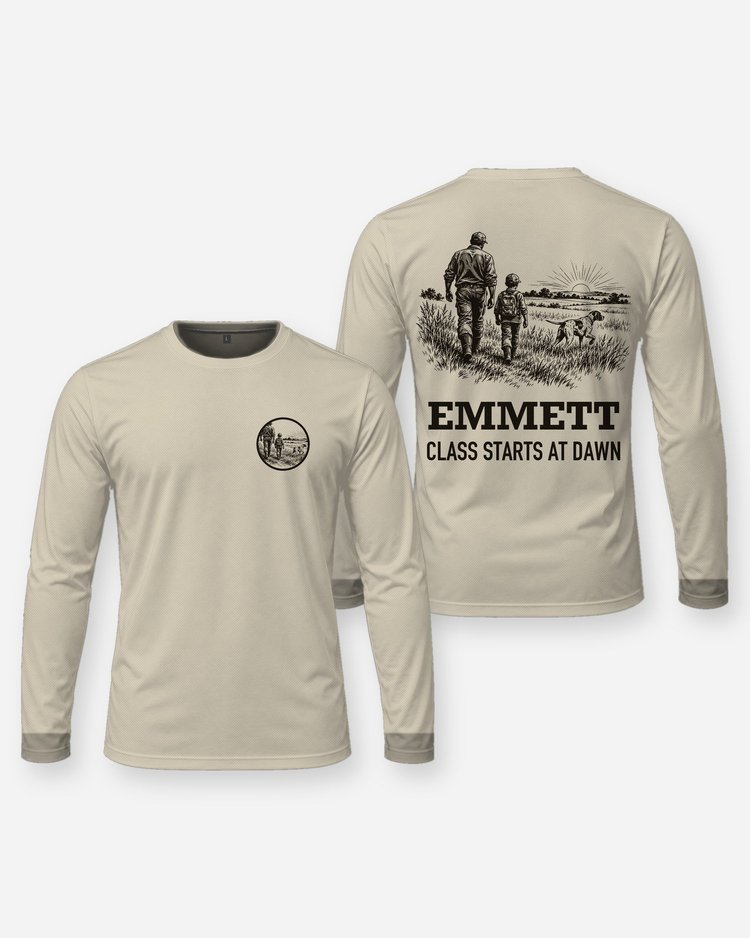 Custom Kid Name Class Starts At Dawn Bird Hunt Woodcut Shirt - Long Sleeve
