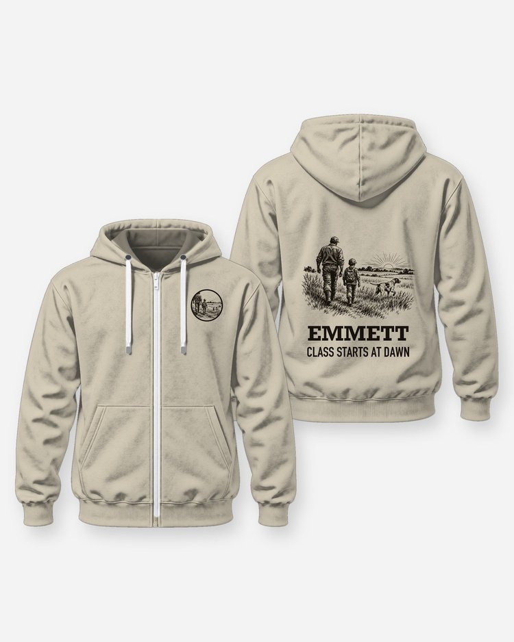 Custom Kid Name Class Starts At Dawn Bird Hunt Woodcut Shirt - Zip Hoodie