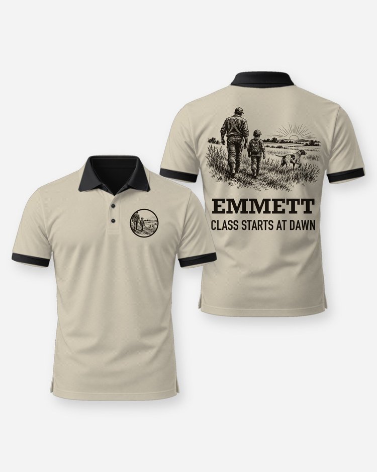 Custom Kid Name Class Starts At Dawn Bird Hunt Woodcut Shirt - Polo