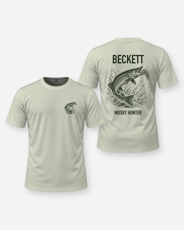 Custom Name Musky Hunter Bucktail Jump Fishing Shirt - front and back