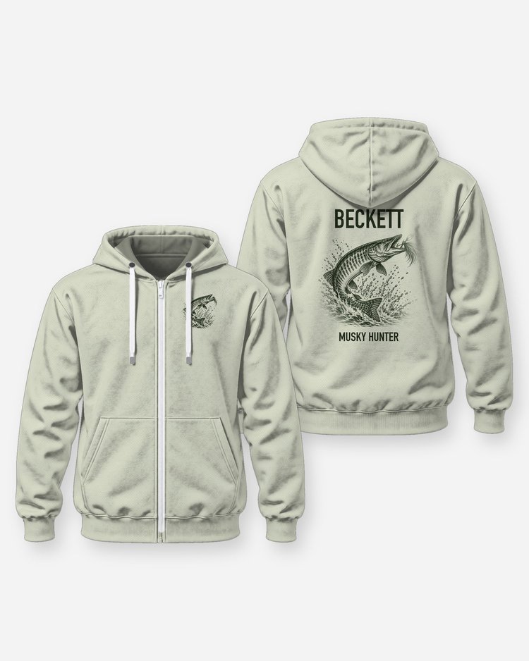 Custom Name Musky Hunter Bucktail Jump Fishing Shirt - Zip Hoodie