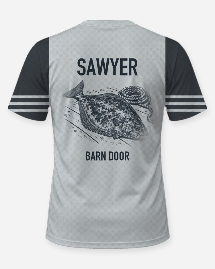 Custom Name Barn Door Halibut Fishing Shirt - back