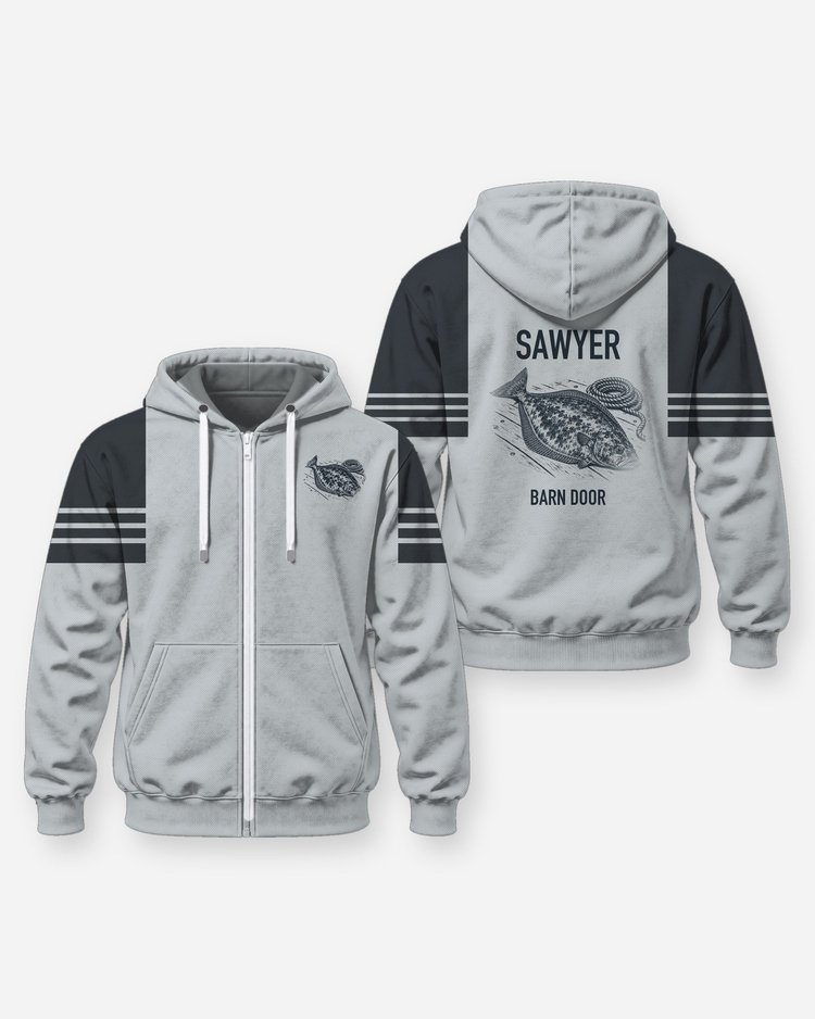 Custom Name Barn Door Halibut Fishing Shirt - Zip Hoodie