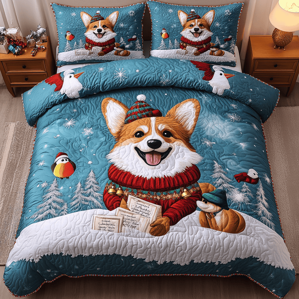 Holiday Corgi Cheer 3-Piece Quilted Bedding Set NCU0DK3042