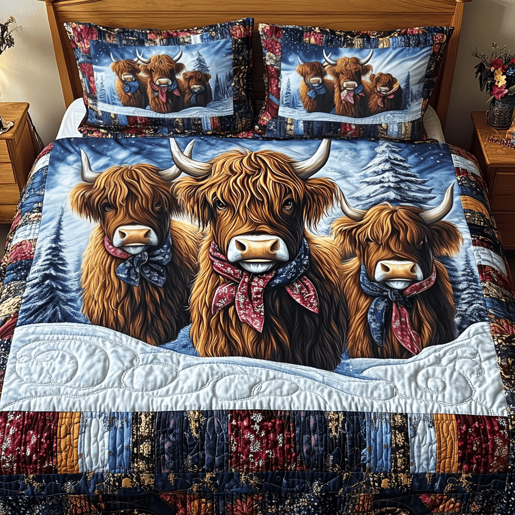 Highland Cow Serenity 3-Piece Quilted Bedding Set NCU0TL2370