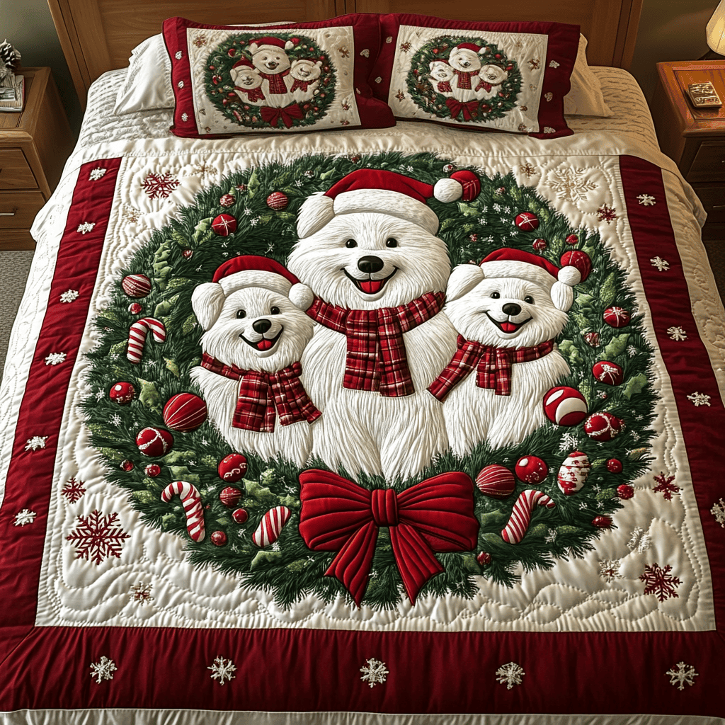 Samoyed Whimsy 3-Piece Quilted Bedding Set NCU0VH1290