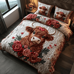 Valentine Highland Cow Quilted Bedding Set NCU0DV2336