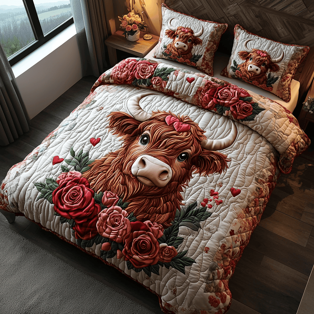 Valentine Highland Cow Quilted Bedding Set NCU0DV2336