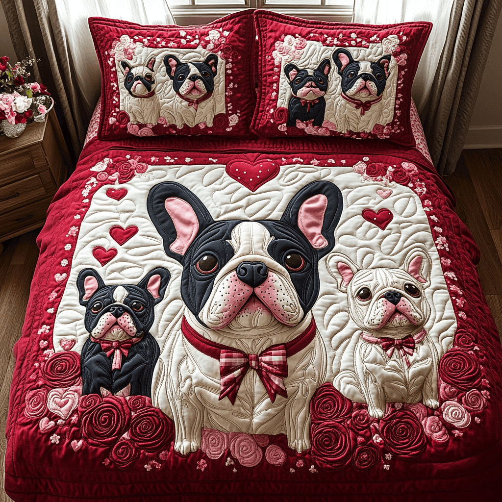 Frenchie and Roses Quilted Bedding Set NCU0DV2359