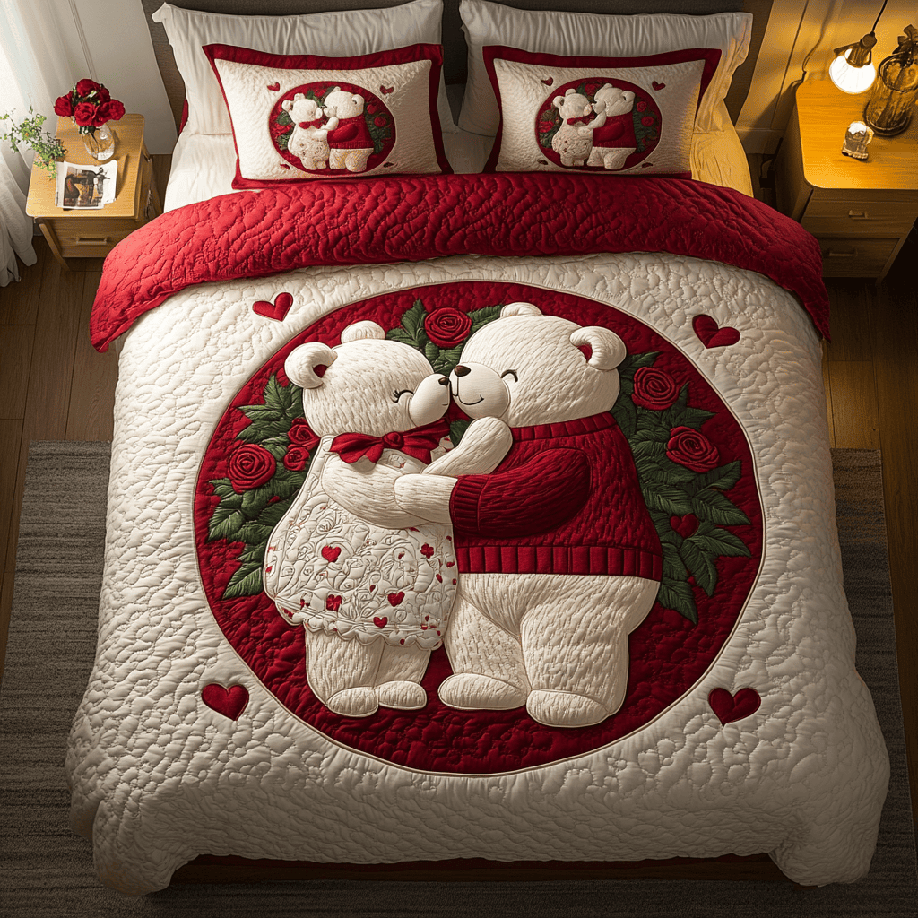 Blush Bear Delight 3-Piece Quilted Bedding Set NCU0DK3194