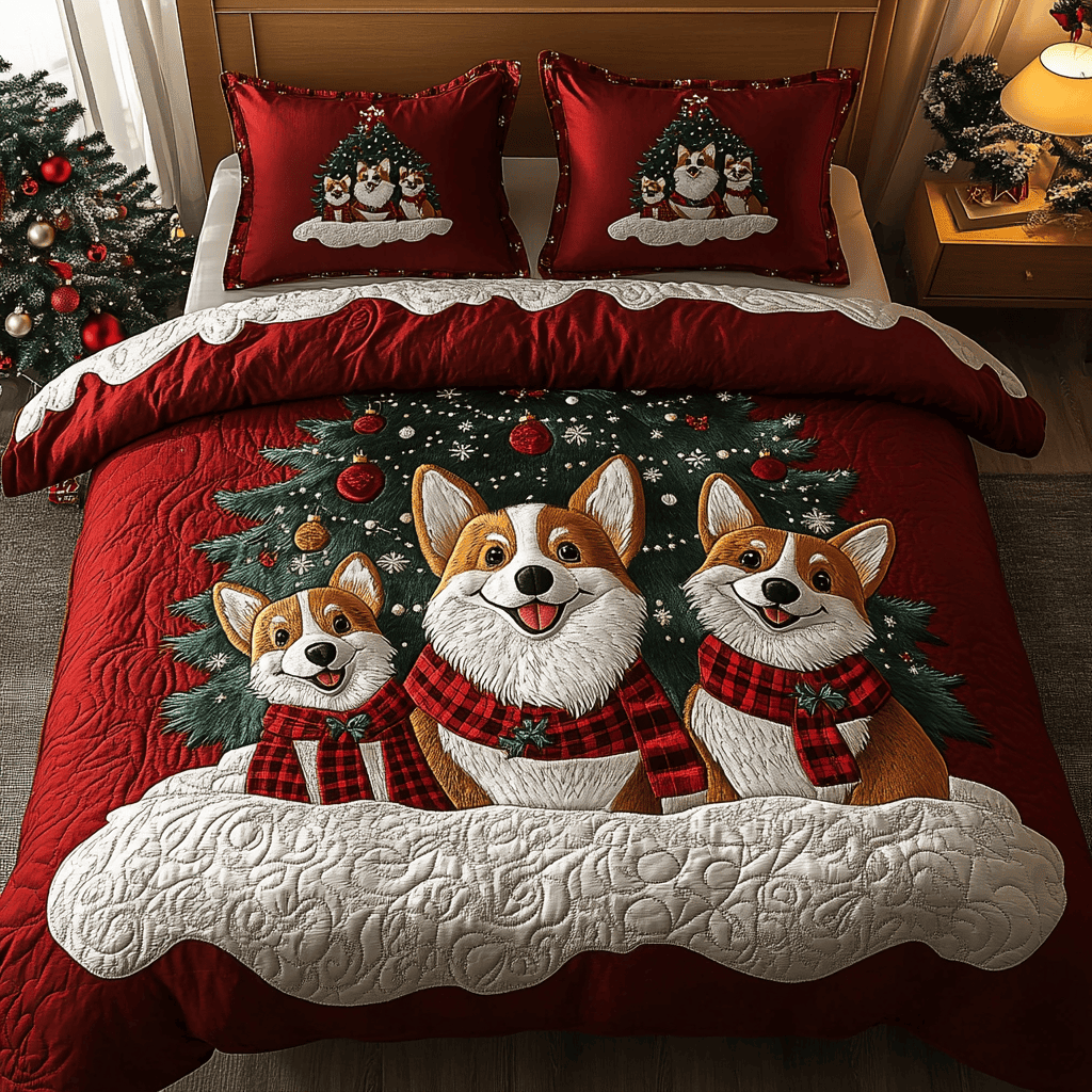 Corgi Christmas Joy 3-Piece Quilted Bedding Set NCU0DK3048