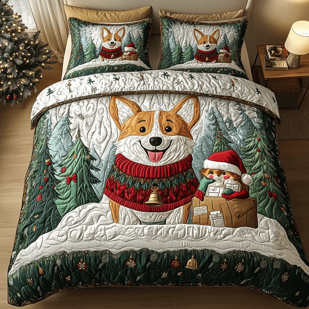 Corgi Claus 3-Piece Quilted Bedding Set NCU0DK3041
