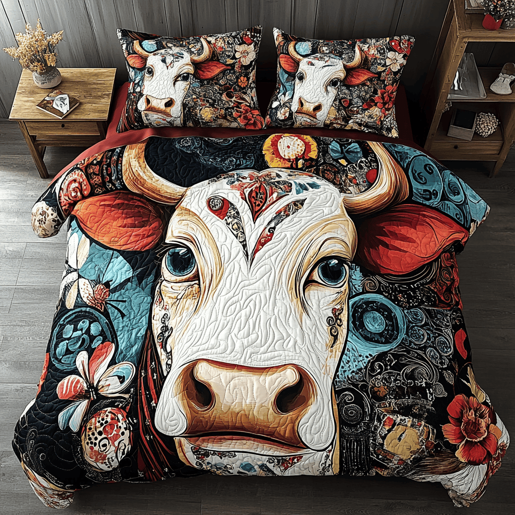 Bovine Bliss 3-Piece Quilted Bedding Set NCU0TL2380