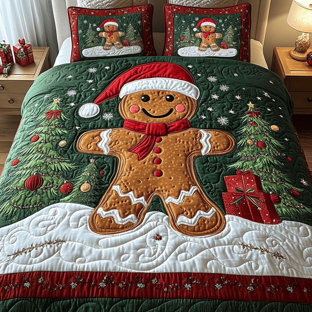 Gingerbread Sparkle 3-Piece Quilted Bedding Set NCU0VH1284