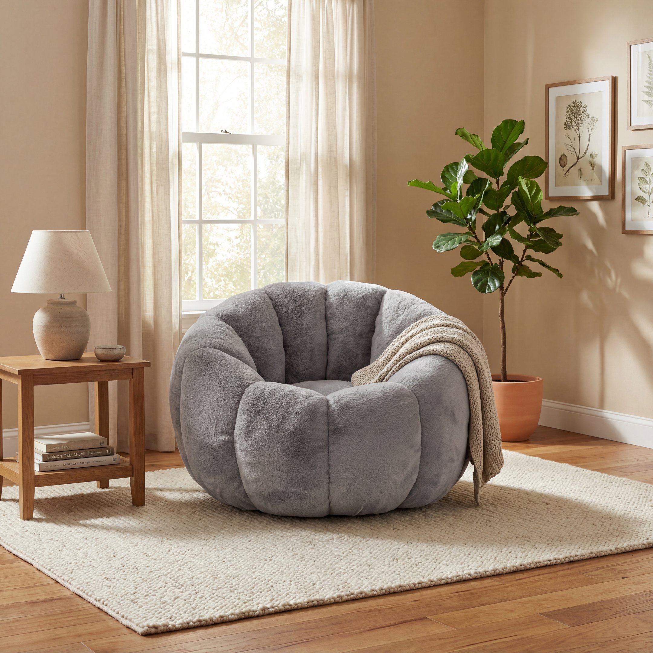 Aura of Decor Grey Floral Bean Bag Chair – Faux Fur Reading Seat – product view
