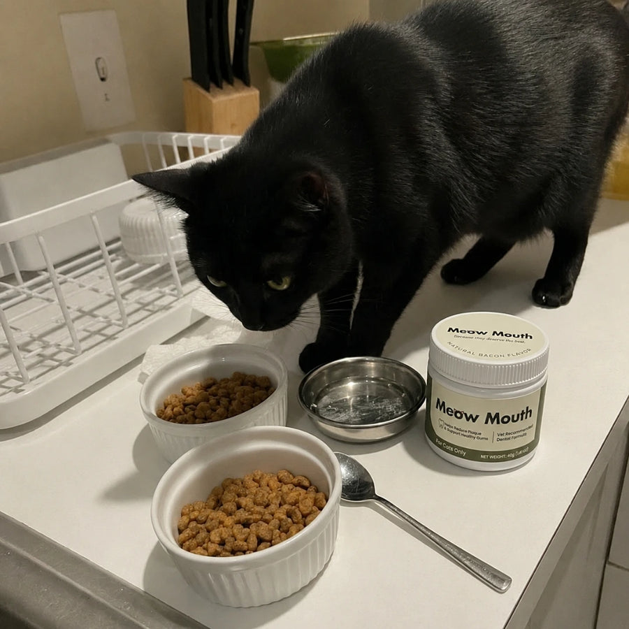 Black cat by food bowls and Meow Mouth