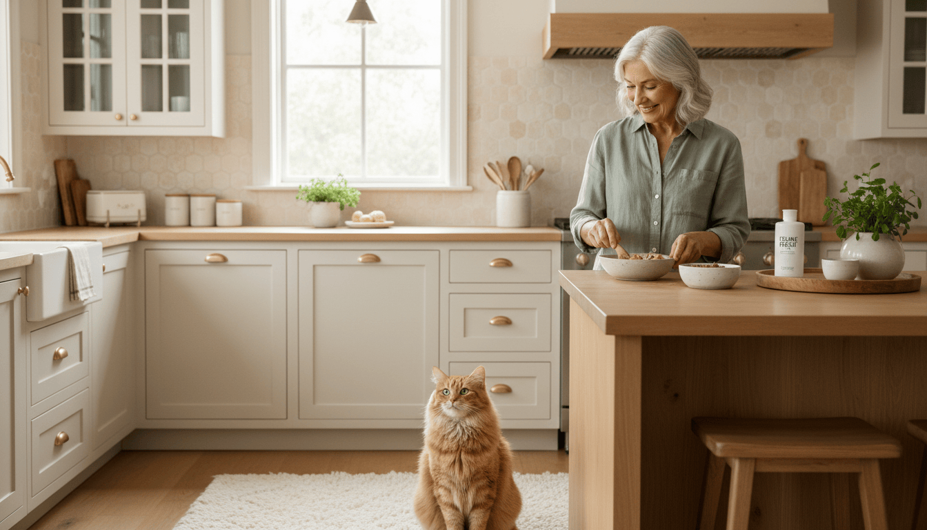 Woman preparing food in her kitchen while her cat waits