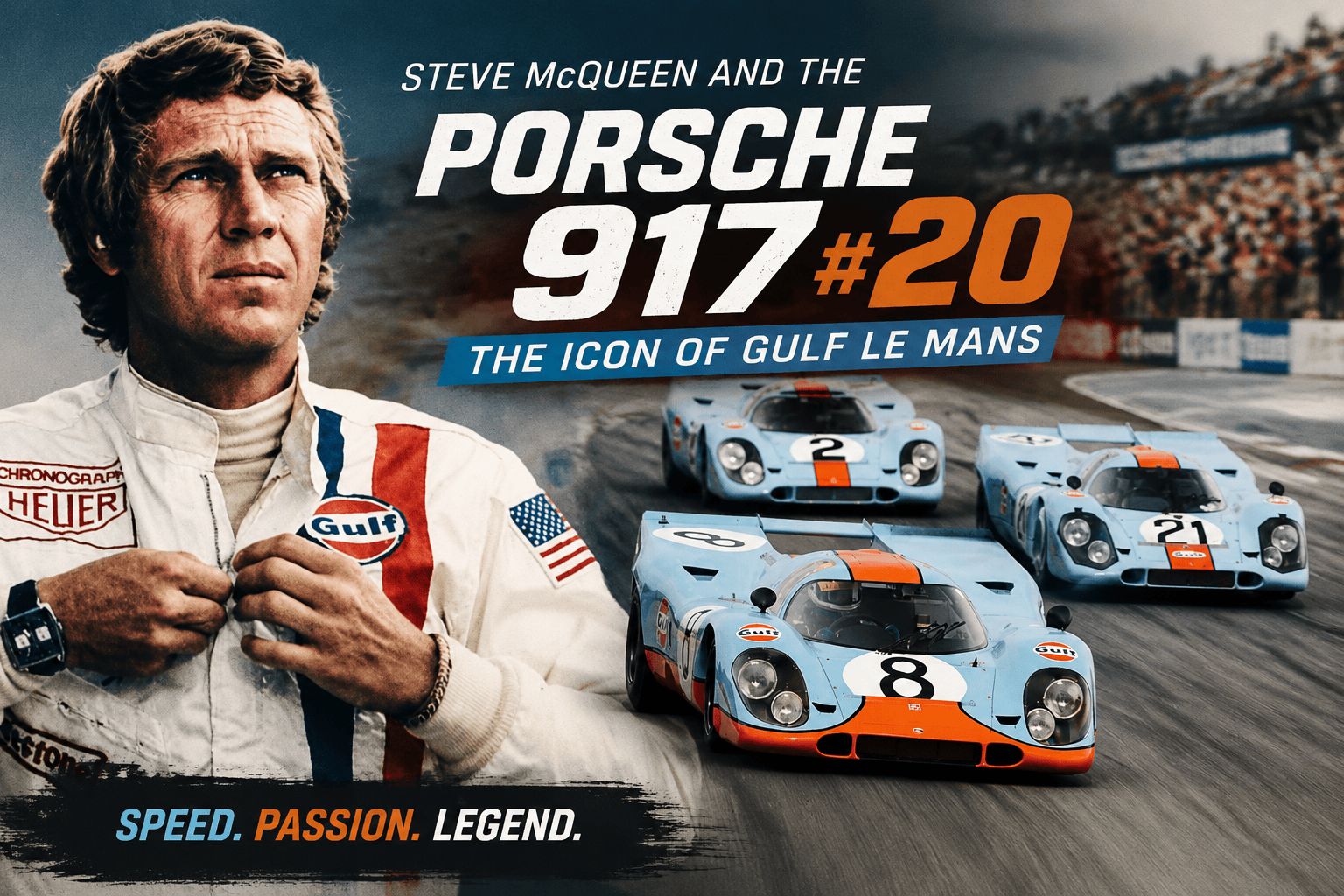 Powder-blue and marigold-orange #20 endurance prototype tribute inspired by 1970 Le Mans cinema history