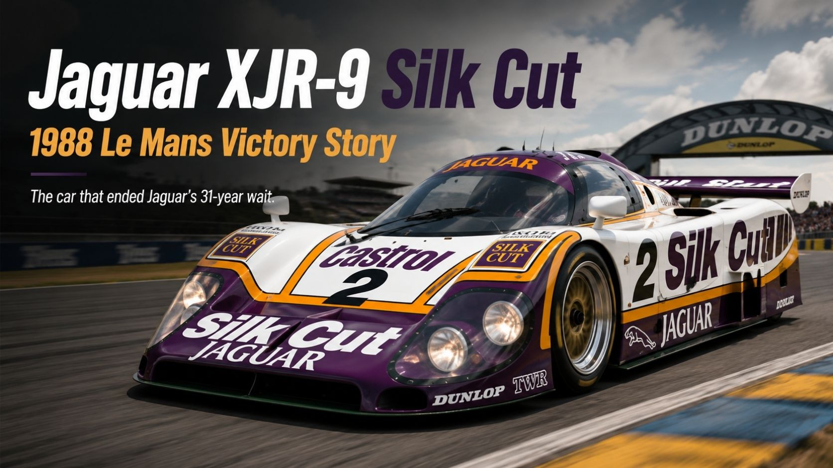 1988 Group C V12 purple and white prototype endurance racer at Le Mans